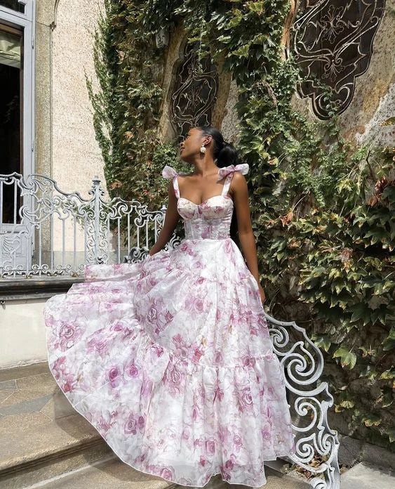 Vestidos formales de mujer de gasa con corte A y estampado floral, vestido de fiesta para graduación de último año